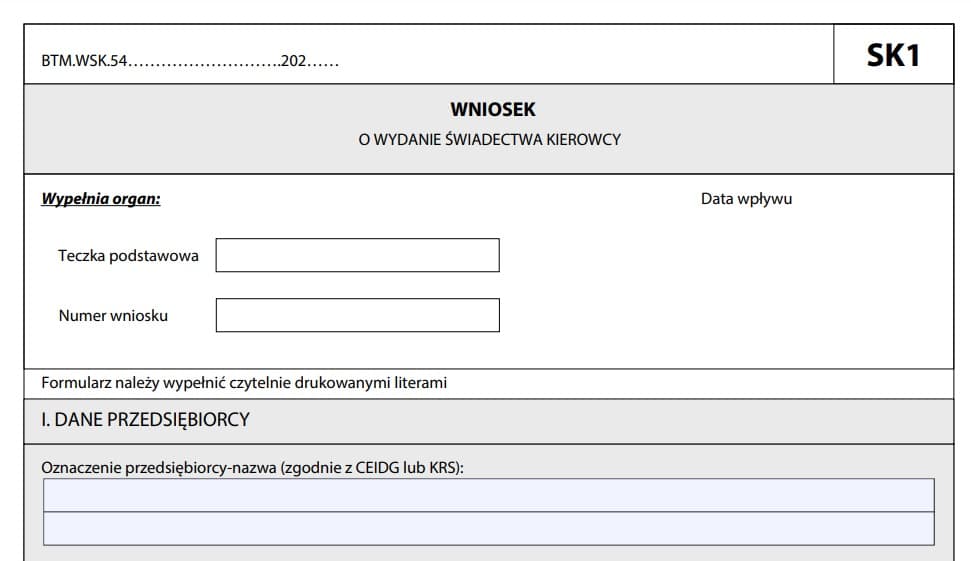 Wniosek o wydanie świadectwa kierowcy