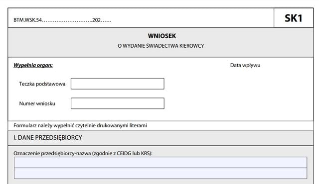 Wniosek o wydanie świadectwa kierowcy